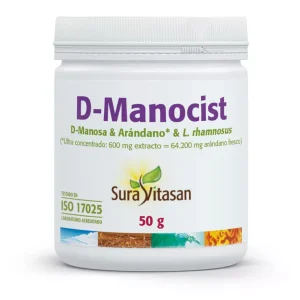 D-Manocist de Sura Vitasan es un suplemento formulado para proteger la salud del tracto urinario, especialmente relevante en mujeres menopáusicas que pueden experimentar más infecciones urinarias debido a la disminución de estrógenos. Contiene D-manosa, arándano rojo americano (con proantocianidinas PACs), extracto de uva ursi y vitamina C, que actúan sinérgicamente para prevenir la adhesión de bacterias como E. coli a las paredes urinarias. Ayuda a reducir la frecuencia de infecciones, aliviar molestias como escozor o urgencia miccional, y fortalecer la inmunidad local. 