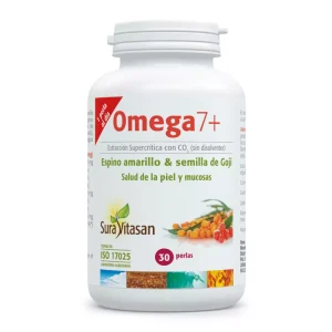 Omega 7+ de Sura Vitasan está formulado con aceite de espino amarillo, una fuente rica en ácido palmitoleico (omega 7), ideal para mujeres en etapa menopáusica. Este suplemento destaca por su capacidad para hidratar naturalmente las mucosas, ayudando a aliviar la sequedad vaginal, ocular y de la piel, síntomas muy comunes durante la menopausia. También fortalece la barrera cutánea y mejora la elasticidad y suavidad de la piel. Tiene propiedades antiinflamatorias y antioxidantes que protegen las membranas celulares y favorecen la regeneración tisular. 